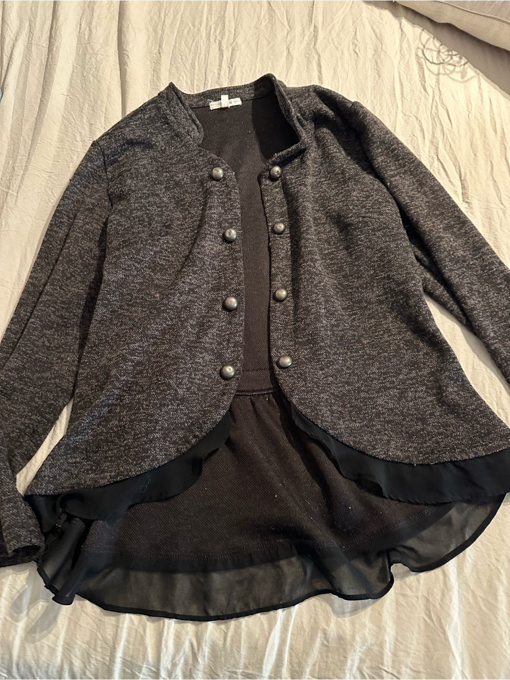 Womens Charcoal Button-Front Knit Jacket with Sheer Hem